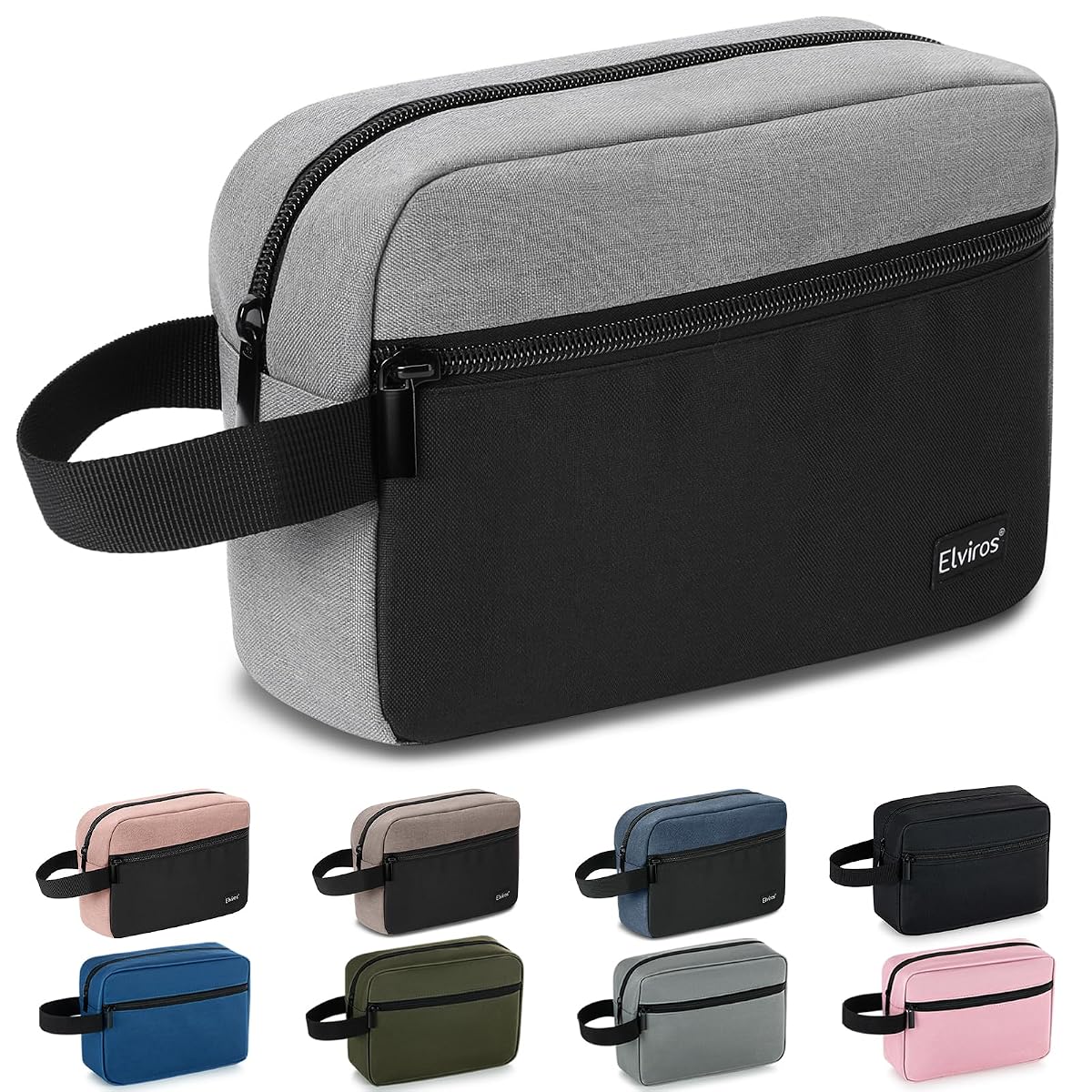 Trousse de toilette compacte noire et grise avec poignée, boucle suspendue et rangements zippés