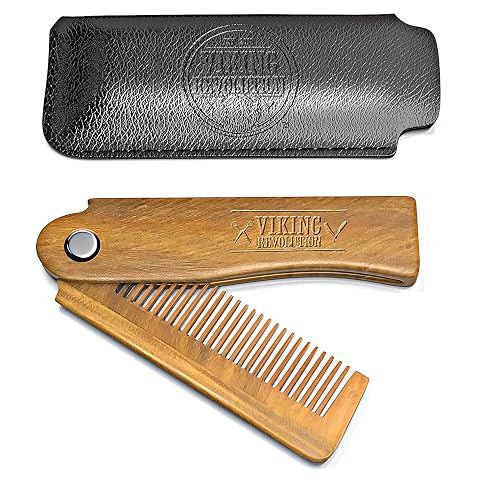 Peigne à barbe pliable en bois brun présenté ouvert avec son étui fin en similicuir.