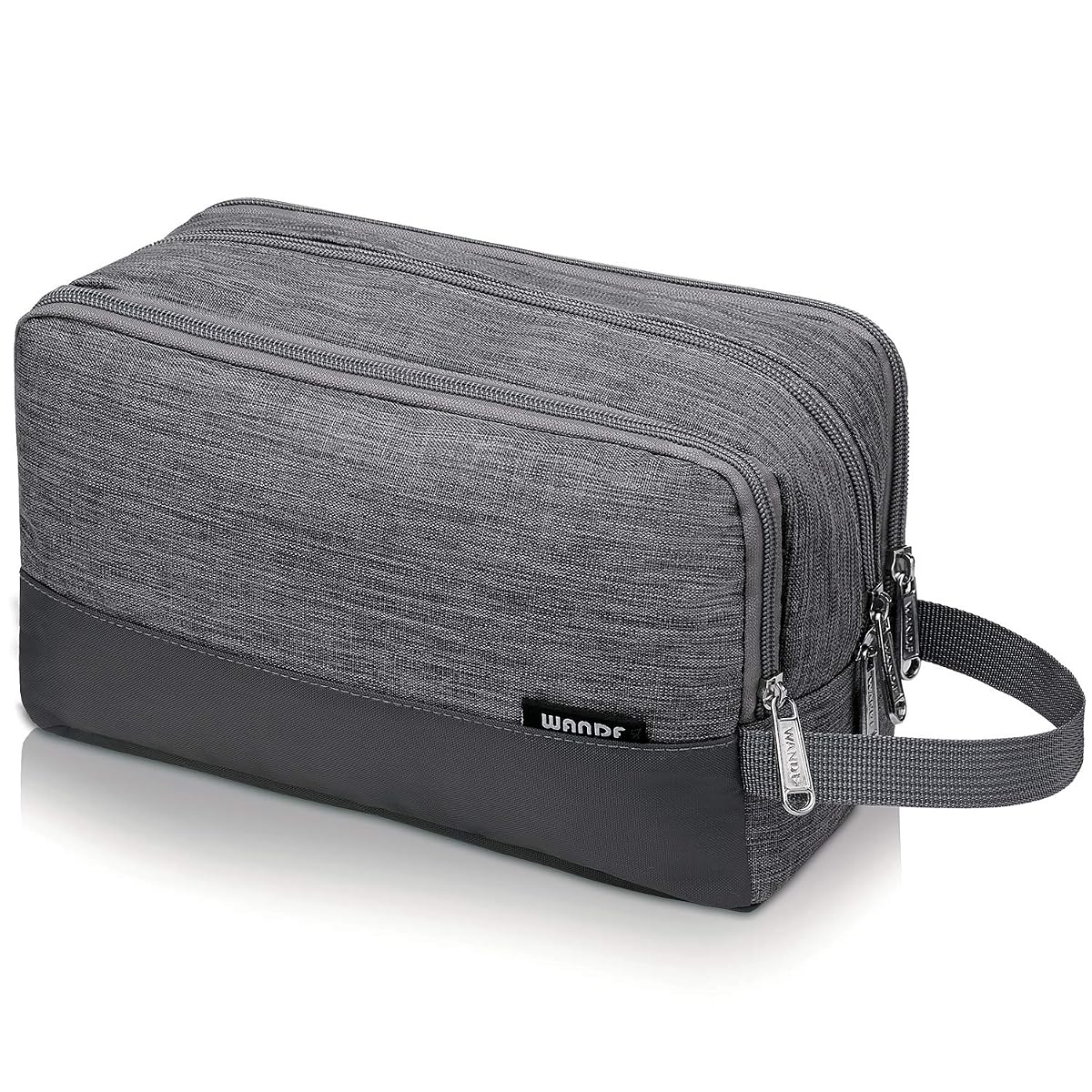 Trousse de toilette en nylon gris denim avec poignée latérale et poches zippées