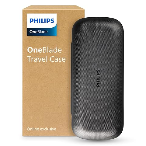 Étui de voyage Philips OneBlade noir en plastique posé dans un décor de voyage sobre