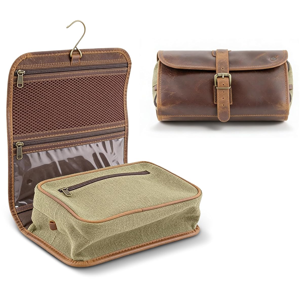 Trousse de toilette suspendue en cuir de buffle et toile verte, dépliée avec ses rangements visibles dans un décor de voyage.
