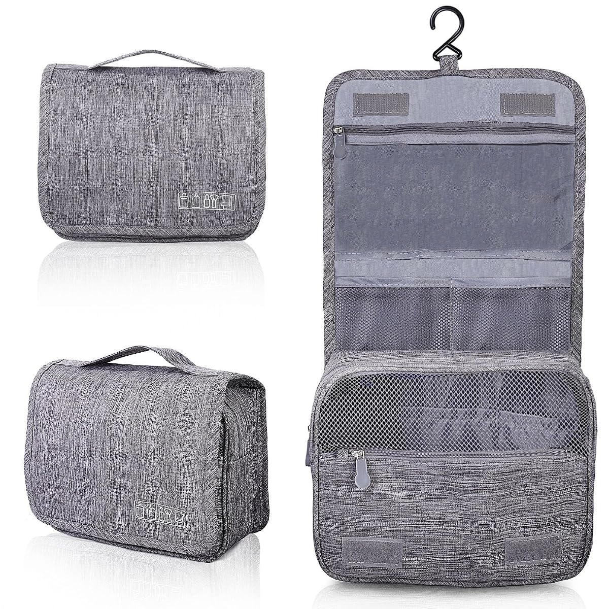 Trousse de toilette suspendue grise ouverte, avec ses poches en maille et son compartiment transparent.
