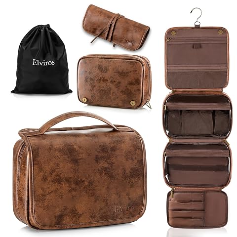 Trousse de toilette Elviros marron foncé suspendue, avec son compartiment transparent et sa pochette à cordon.