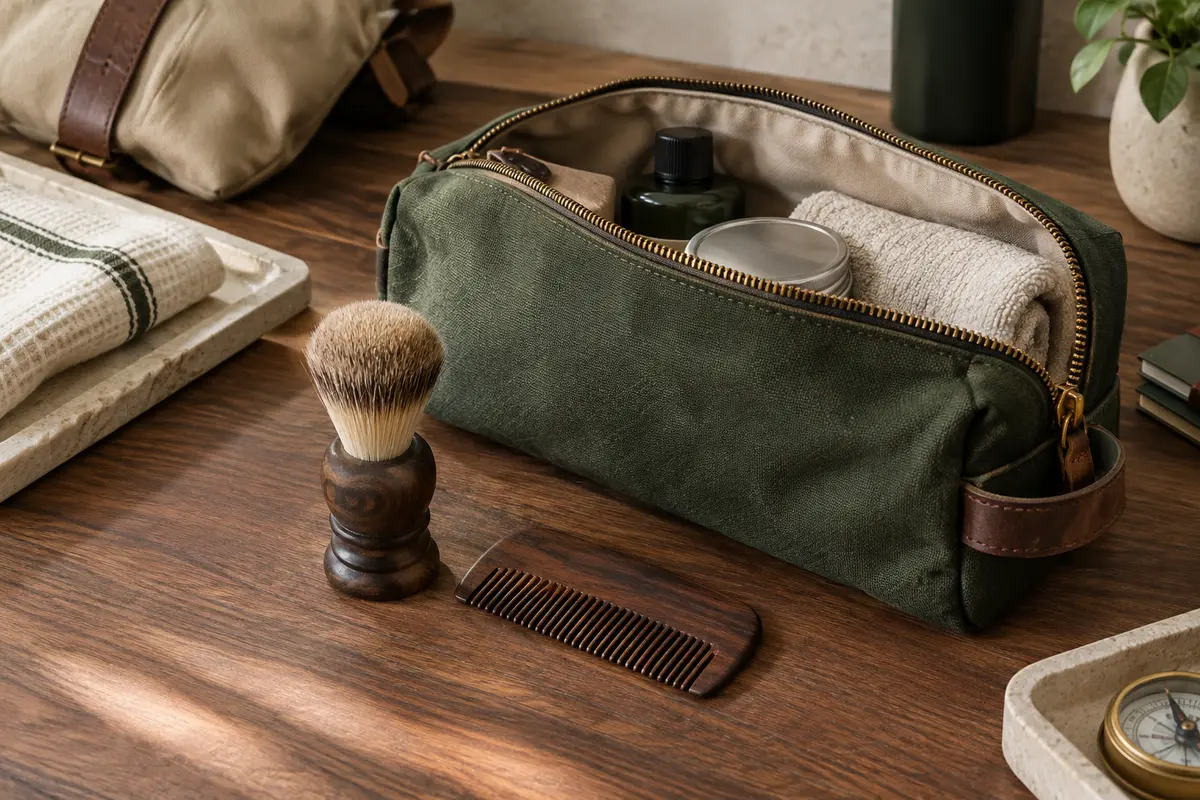 Blaireau et peigne à barbe compacts près d’une trousse ouverte