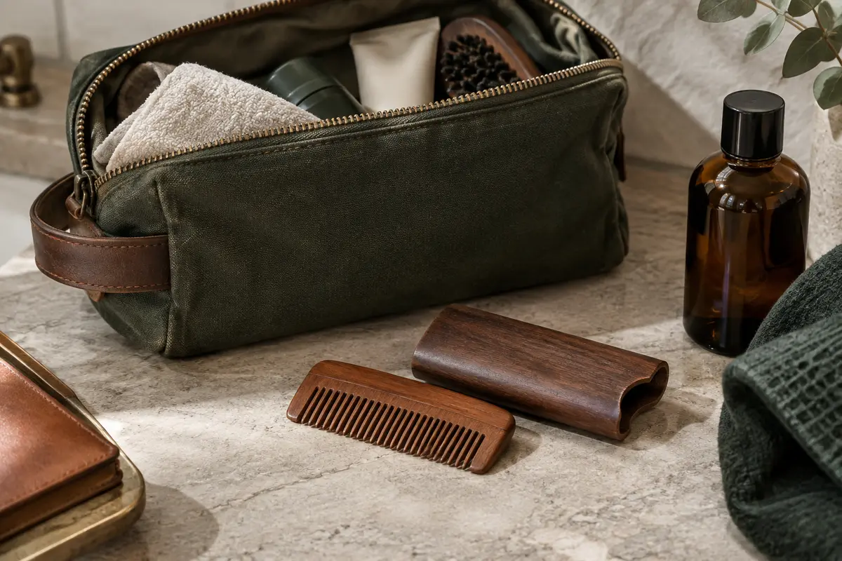 Peigne à barbe compact et étui près d’une trousse de toilette
