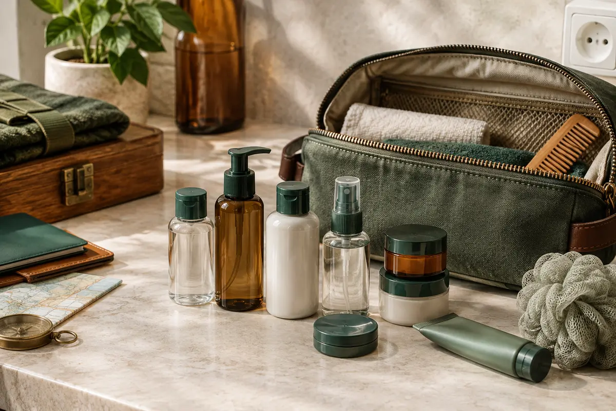 Flacons, pots et distributeurs de voyage près d’une trousse ouverte