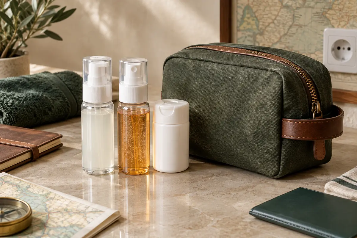 Distributeurs de voyage à pompe et à pression près d’une trousse
