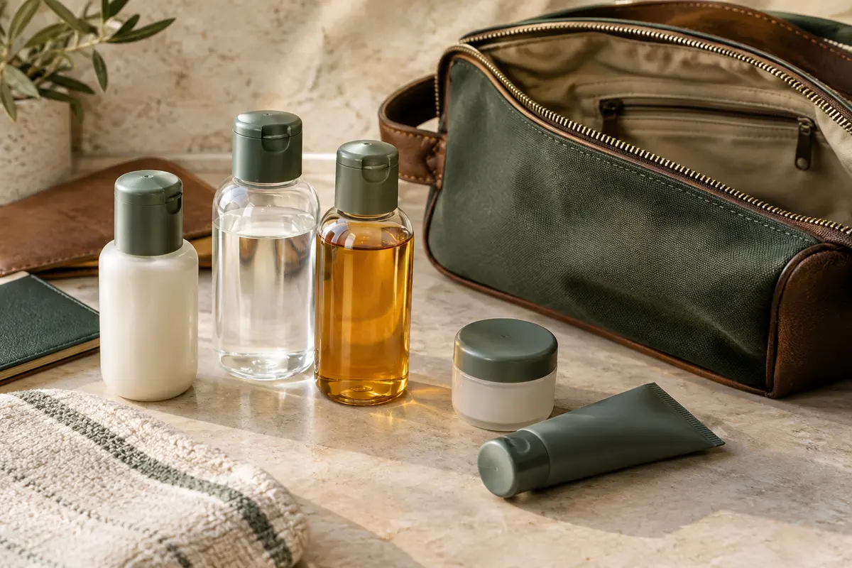 Flacons rechargeables de voyage disposés près d’une trousse