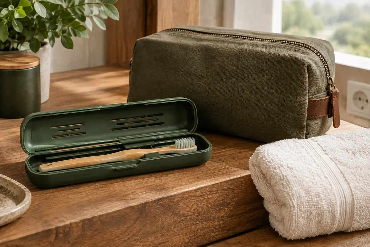 Étui ouvert avec brosse à dents rangée dans un compartiment