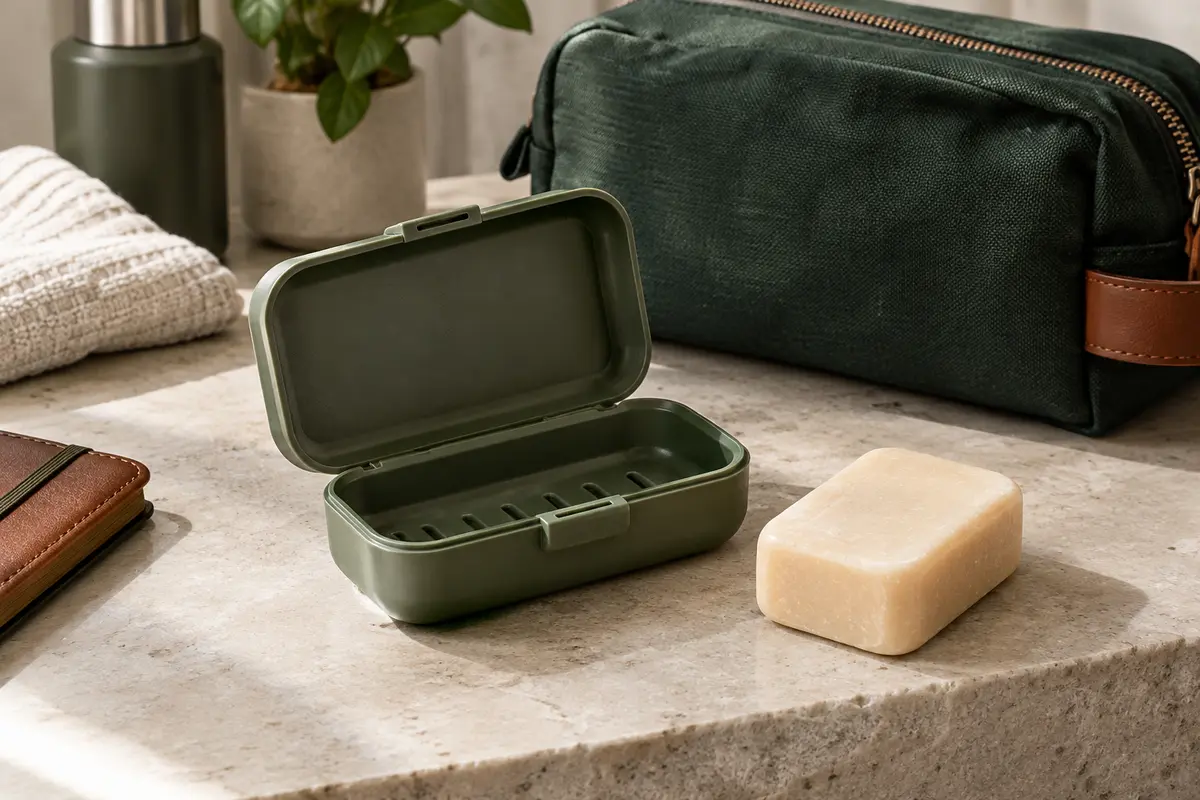 Étui à savon ouvert avec pain de savon sur une tablette claire