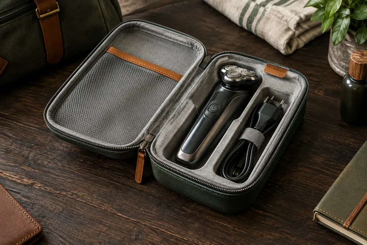 Trousse ouverte avec rasoir électrique et câble rangés séparément