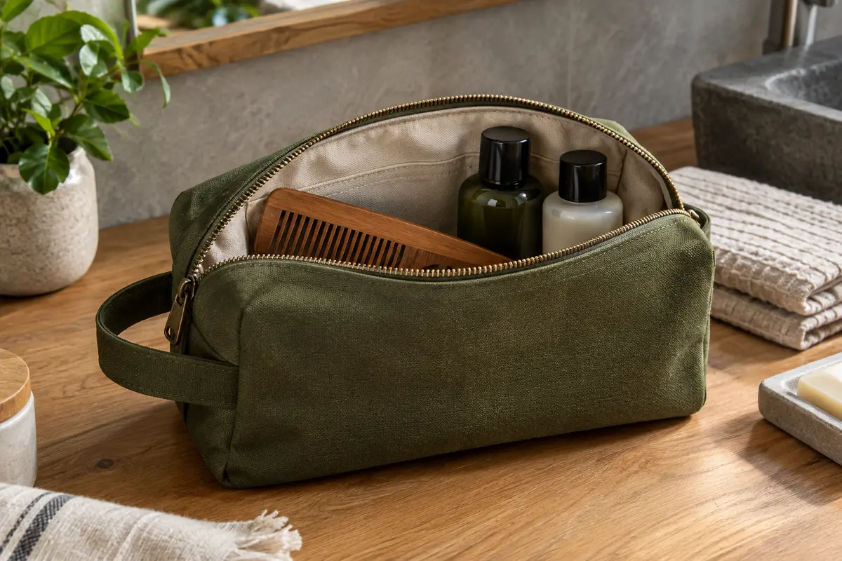 Trousse classique ouverte avec peigne et flacons de toilette
