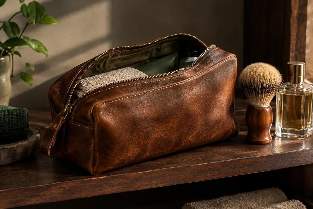Trousse de toilette en cuir brun ouverte sur une étagère avec un blaireau