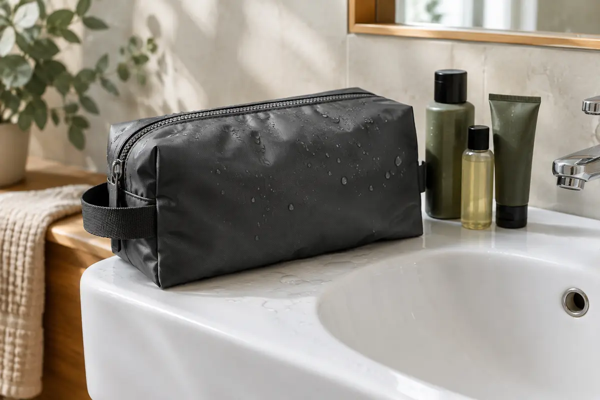 Trousse de toilette imperméable grise posée près d’une vasque, avec des gouttes d’eau