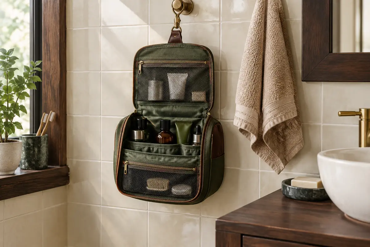 Trousse de toilette suspendue ouverte avec poches et flacons