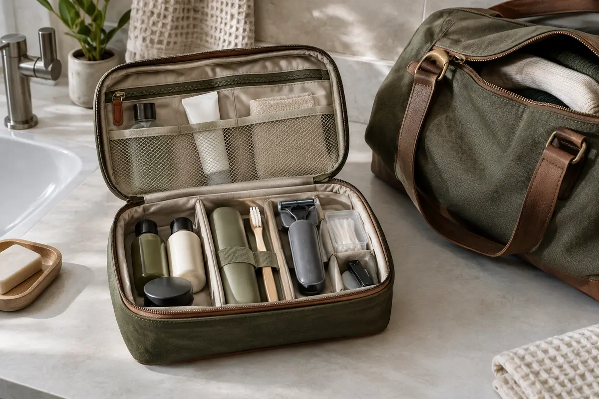 Trousse de toilette ouverte avec flacons, accessoires et rasoir rangés dans des compartiments séparés