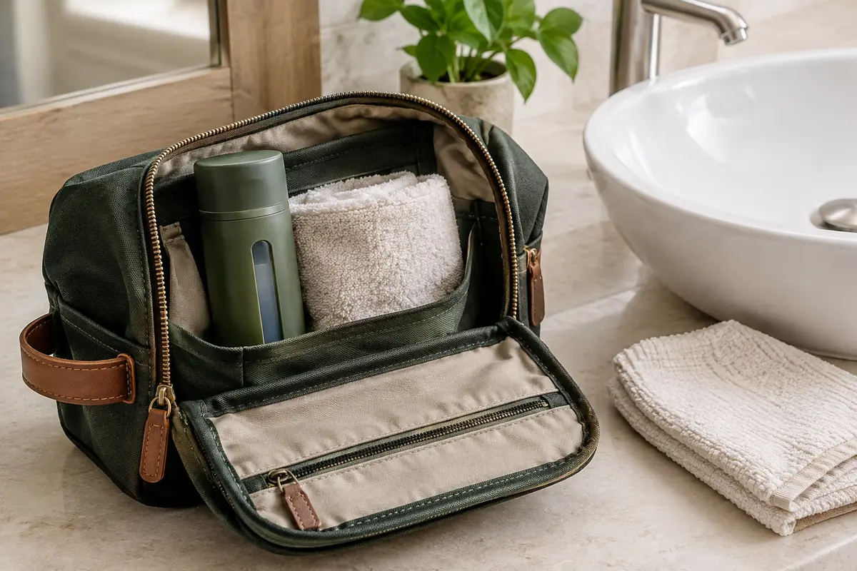 Distributeur de voyage fermé et rangé debout dans une poche séparée d’une trousse de toilette.
