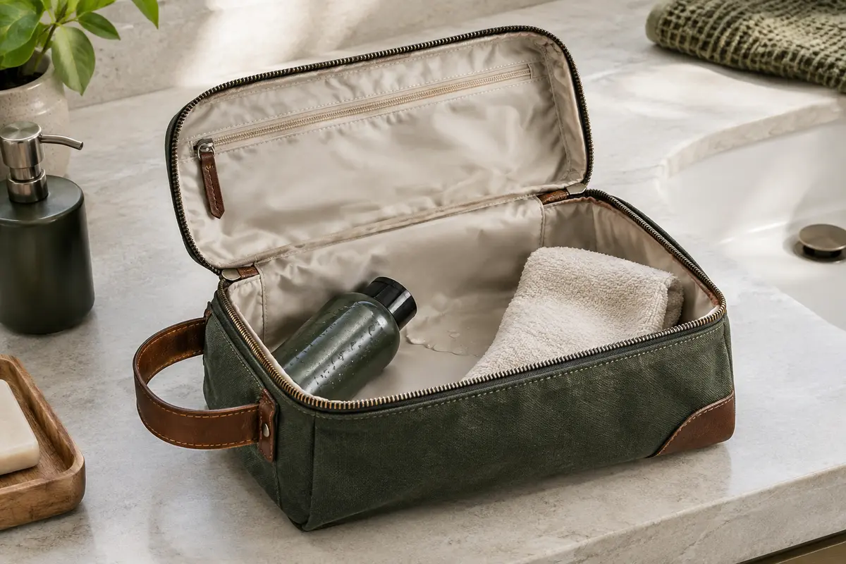 Trousse de toilette ouverte montrant sa doublure lisse, un flacon de shampoing et un chiffon