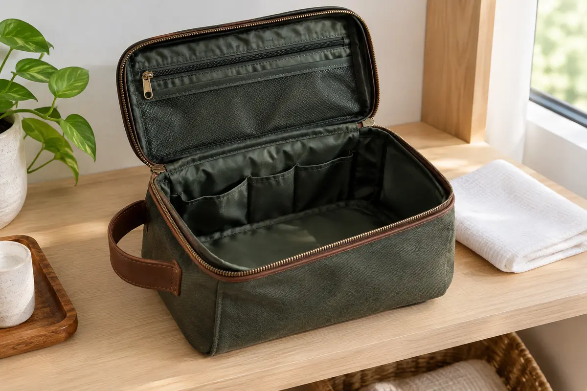 Trousse de toilette ouverte et vide, avec sa doublure aérée pour sécher après un voyage.