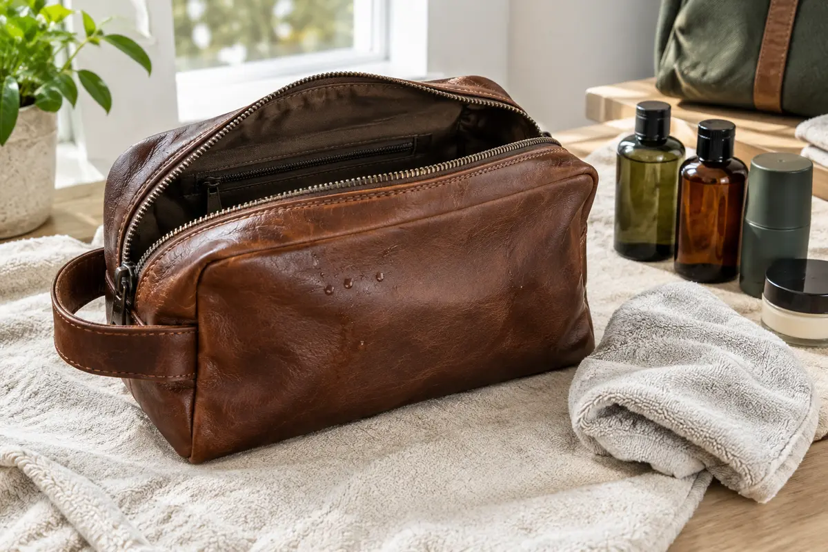 Trousse de toilette en cuir ouverte qui sèche à l’air libre près d’un chiffon doux