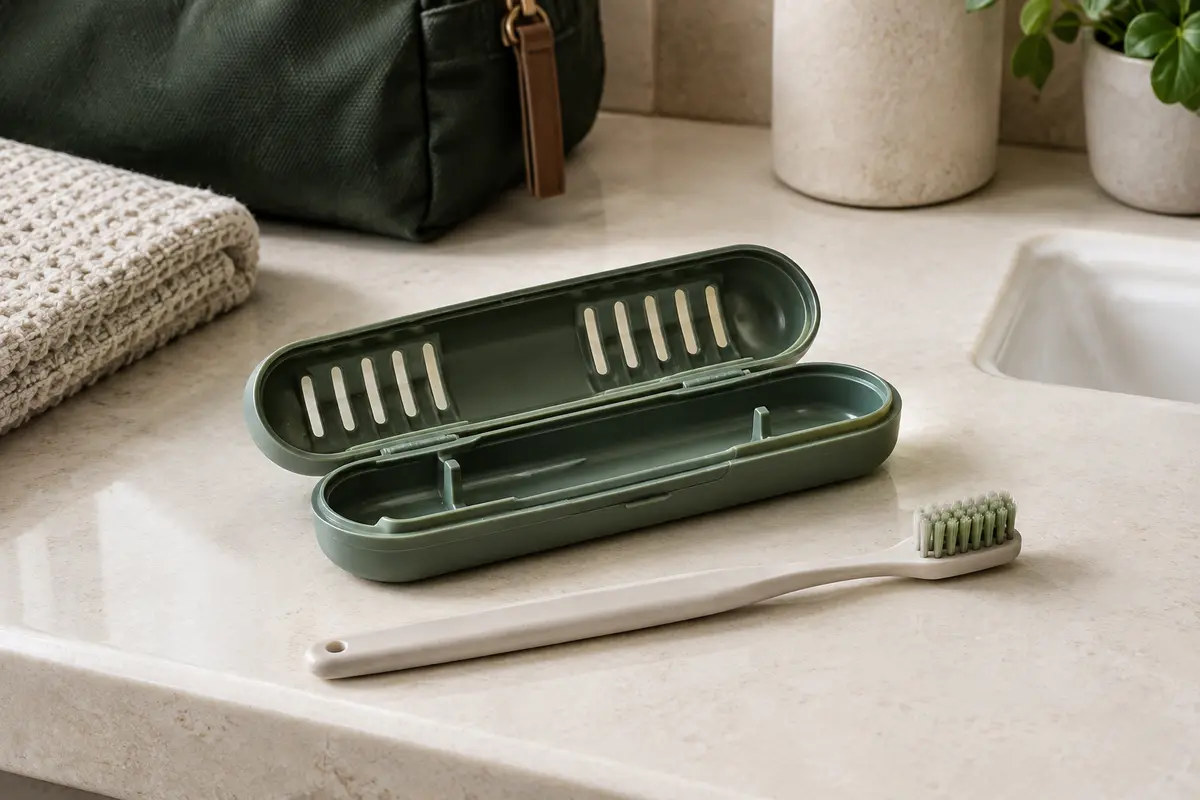 Étui de brosse à dents ajouré ouvert à côté d’une brosse, posé sur une tablette de salle de bains propre