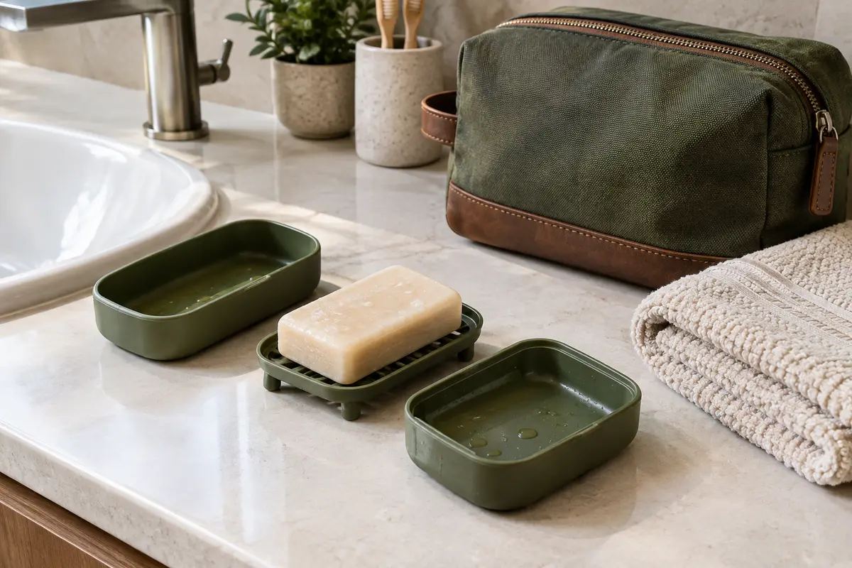 Étui à savon ouvert avec plateau égouttoir près d’une serviette et d’une trousse de toilette