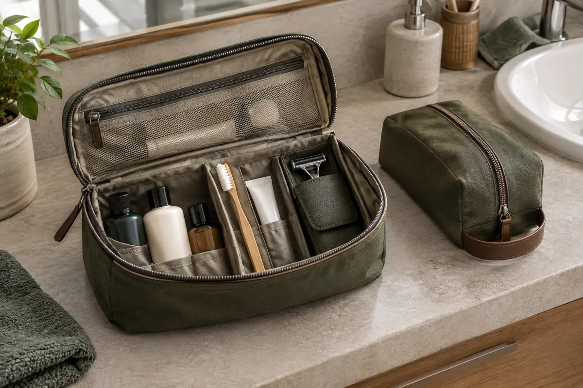 Trousse ouverte avec compartiments pour les soins et étui séparé protégeant le matériel de rasage.