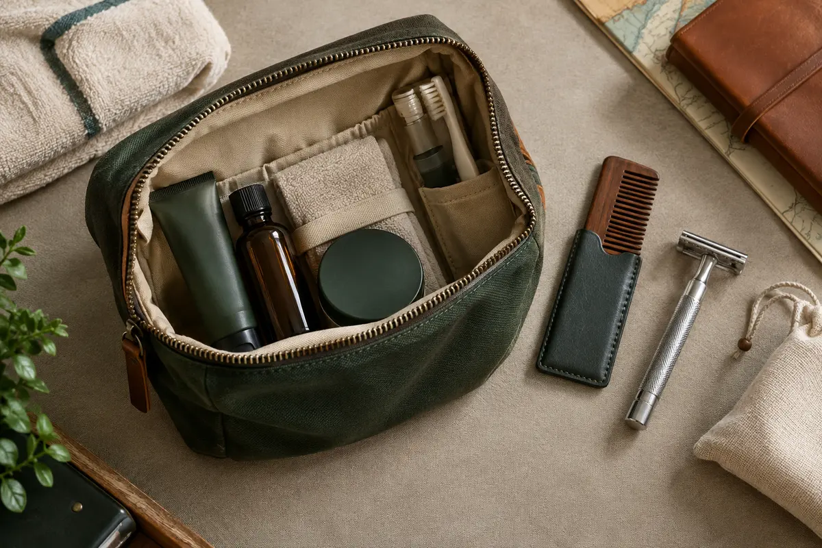 Petite trousse de toilette ouverte avec un peigne à barbe de poche protégé dans son étui.