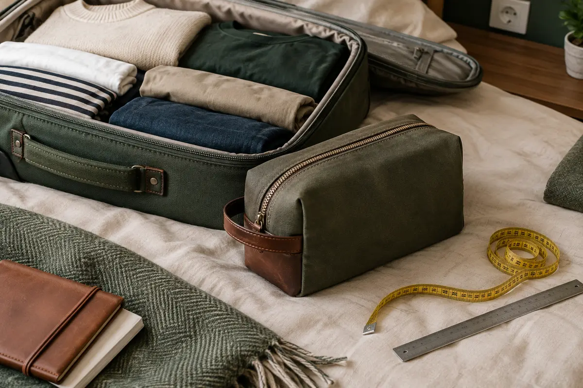 Trousse de toilette remplie près d’un sac cabine ouvert, avec un mètre ruban pour comparer leur encombrement.