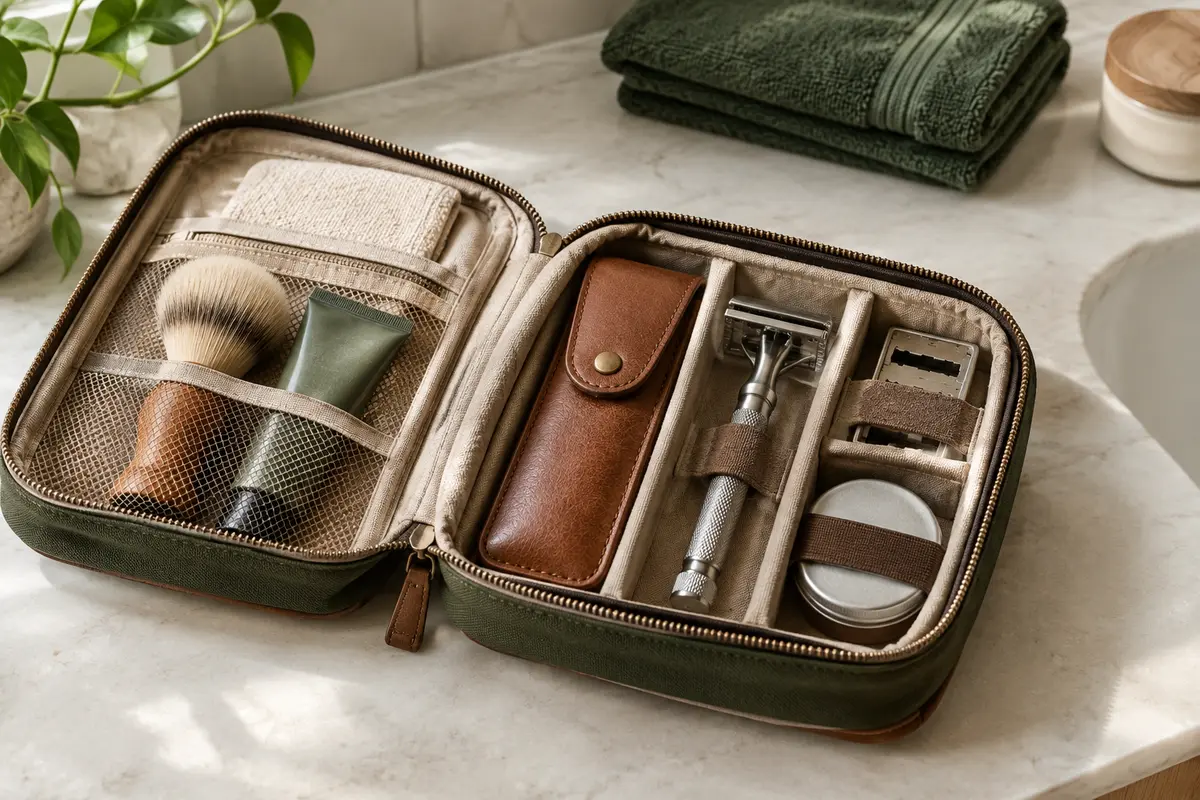 Rasoir de sûreté protégé dans son étui et séparé des accessoires d’une trousse de toilette