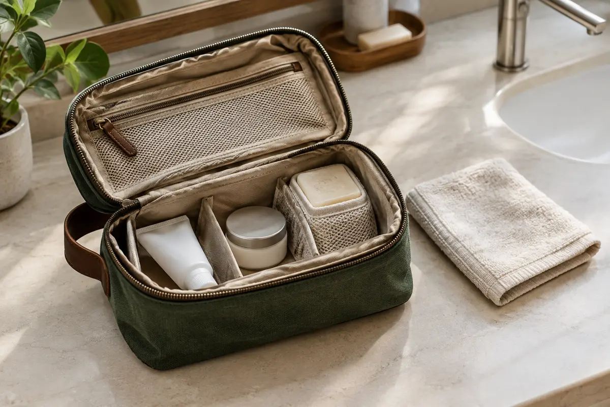 Trousse de toilette ouverte avec dentifrice, crème et savon rangés séparément pour éviter les traces