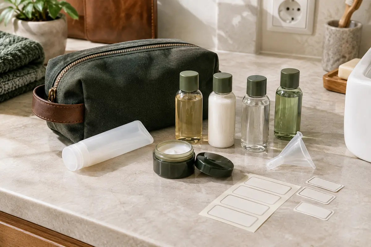 Flacons de voyage rechargeables, pot de soin et trousse de toilette organisés sur un plan clair