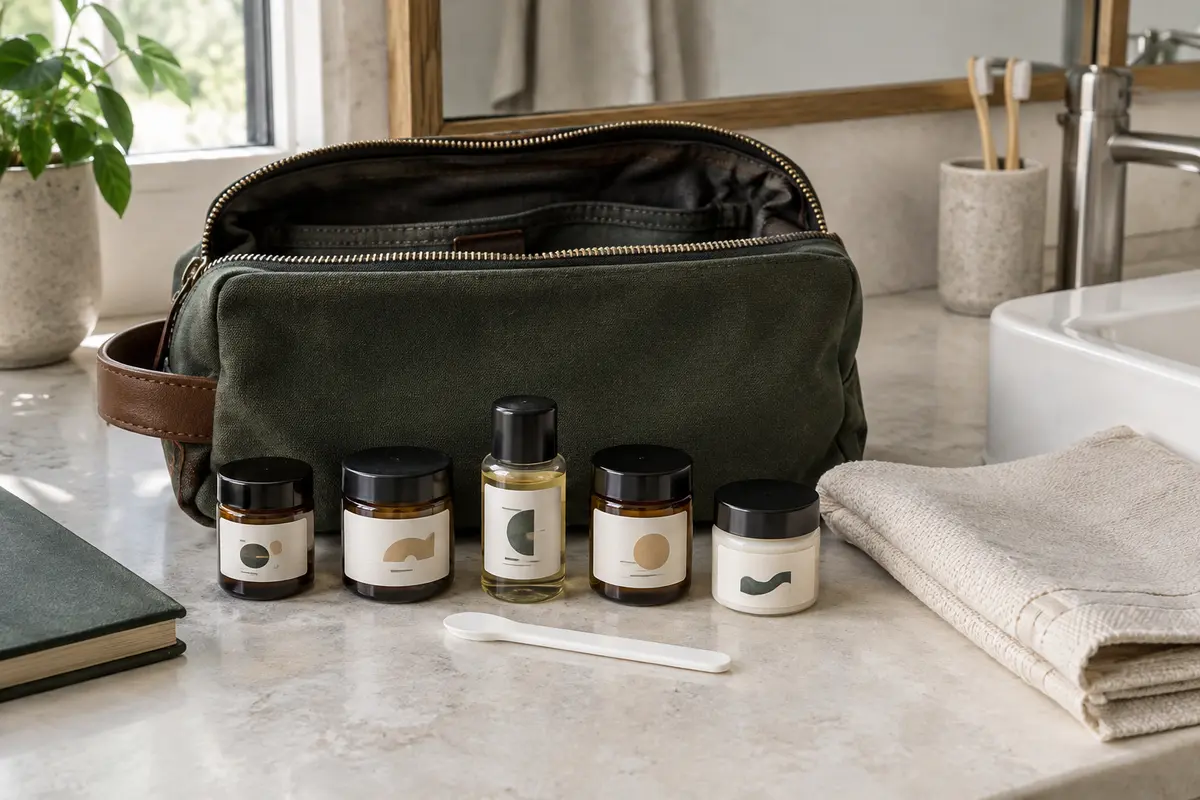 Pots cosmétiques de voyage propres et étiquetés, rangés près d’une trousse de toilette ouverte.