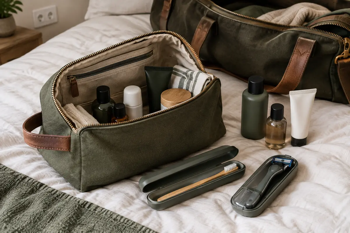 Trousse de toilette ouverte avec flacons séparés et accessoires prêts à être rangés dans un sac de week-end