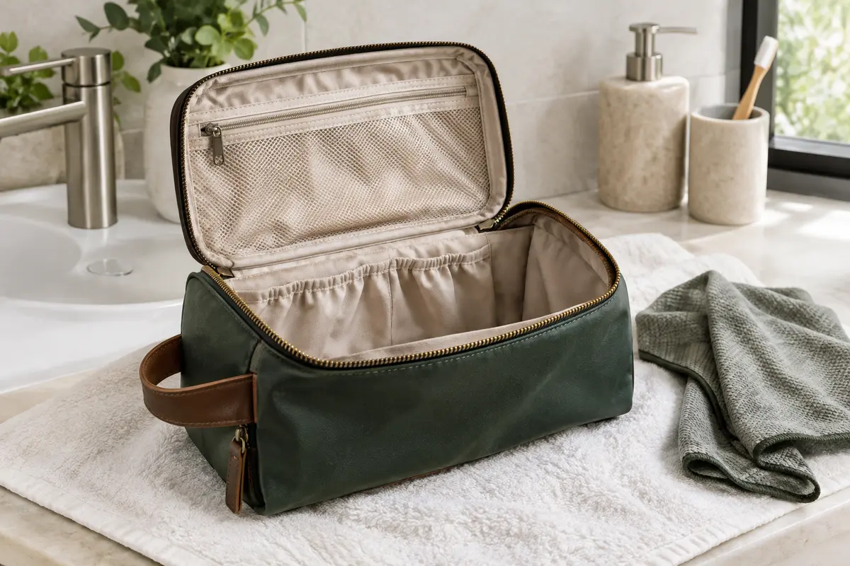 Trousse de toilette ouverte et déployée pour sécher sa doublure après une fuite.