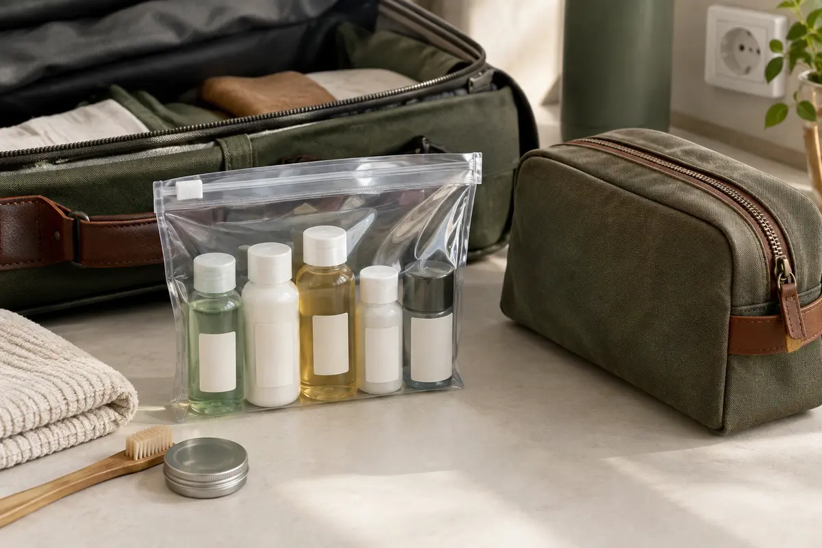 Flacons de toilette de voyage regroupés dans un sac transparent à côté d’une trousse cabine