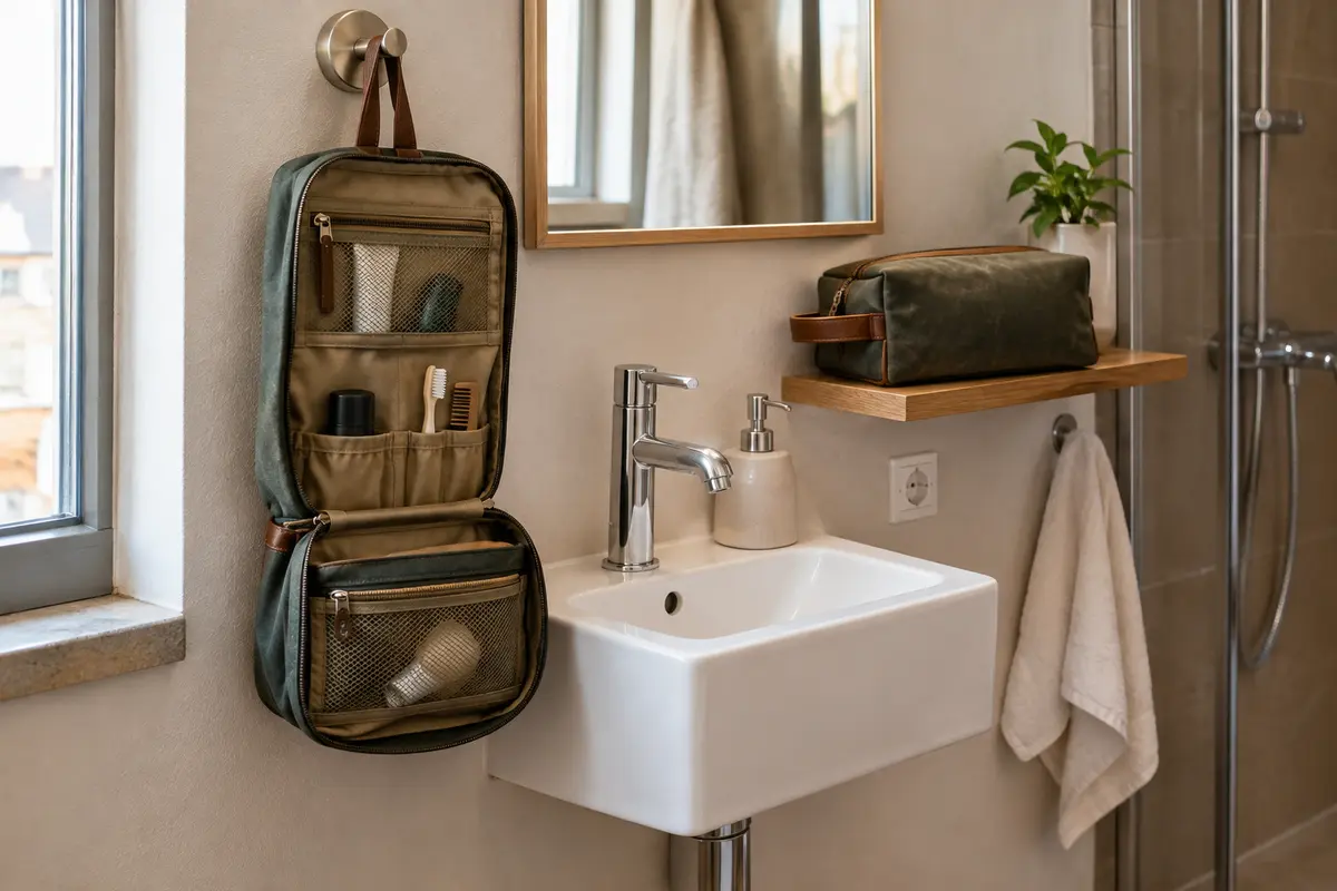 Deux trousses ouvertes dans une petite salle de bains d’hôtel, l’une suspendue, l’autre posée sur une tablette.
