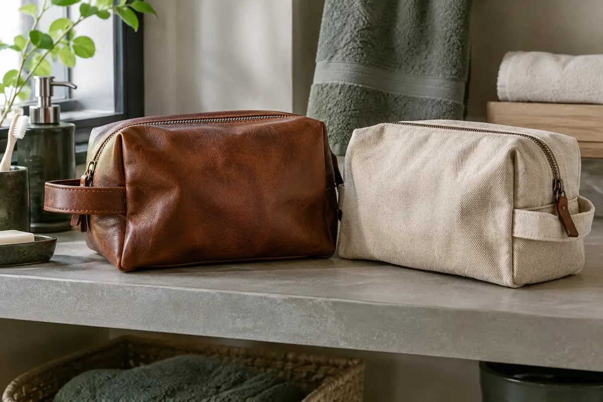 Trousse en cuir brun et trousse en toile naturelle comparées sur une étagère de salle de bains