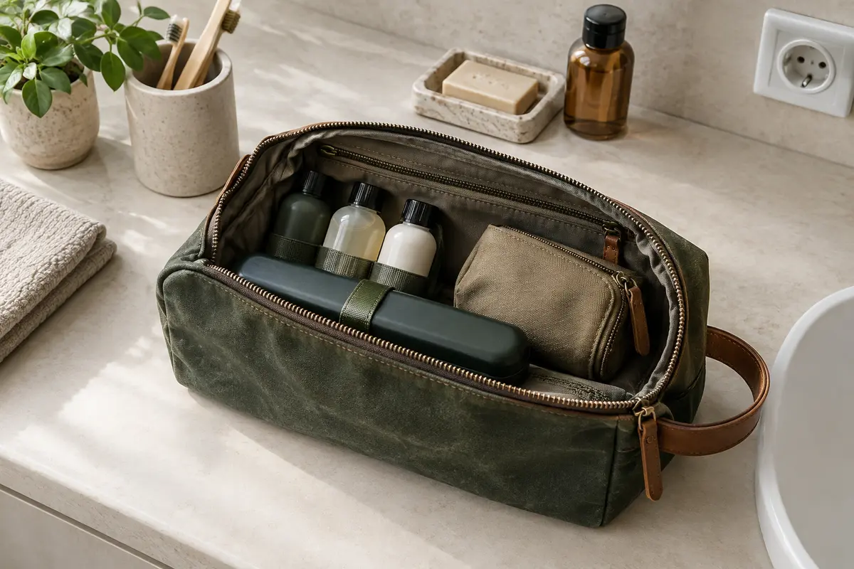 Trousse de toilette ouverte sur une tablette, avec flacons et petits accessoires rangés dans des pochettes