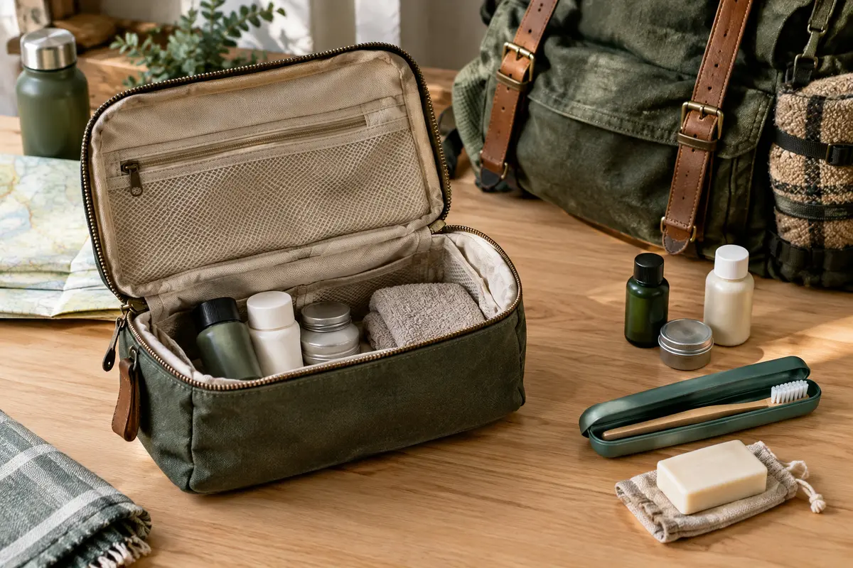 Trousse de toilette compacte ouverte avec petits contenants et accessoires prêts pour une randonnée itinérante