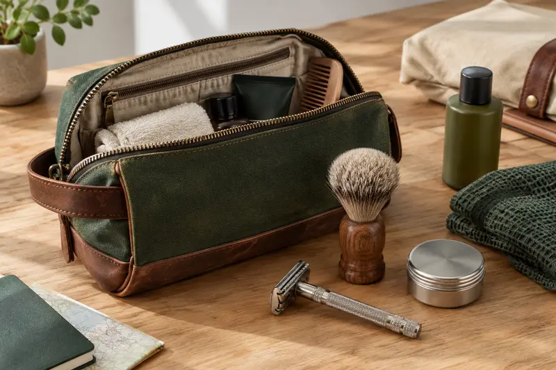 Détails de compartiments et accessoires de rasage présentés dans un décor sobre