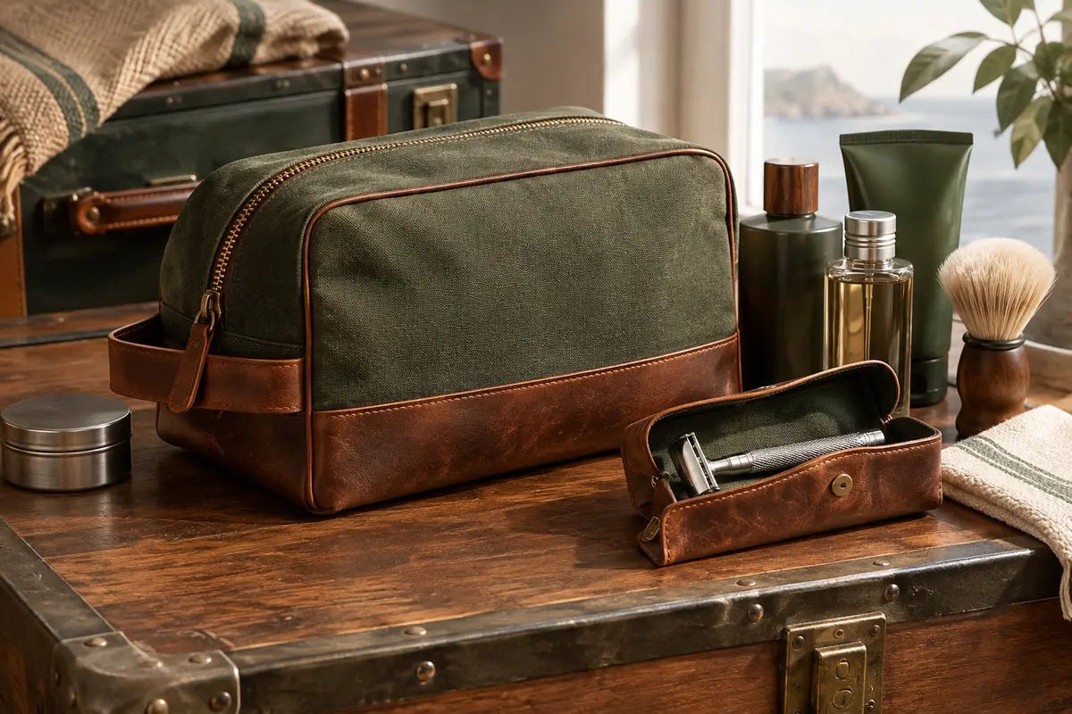 Trousse de toilette en cuir et accessoires de rasage disposés dans un décor de voyage sobre